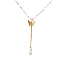 Pearl & 18K Gold-Plated Butterfly Drop Necklace
