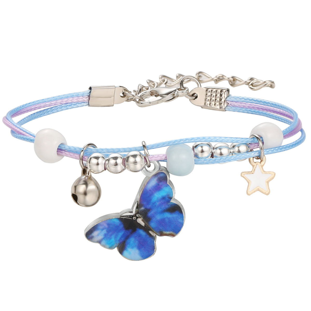 Dark Blue Enamel and Silver-Plated Butterfly Charm Bracelet, silver bracelet for women, vintage-inspired design, side view