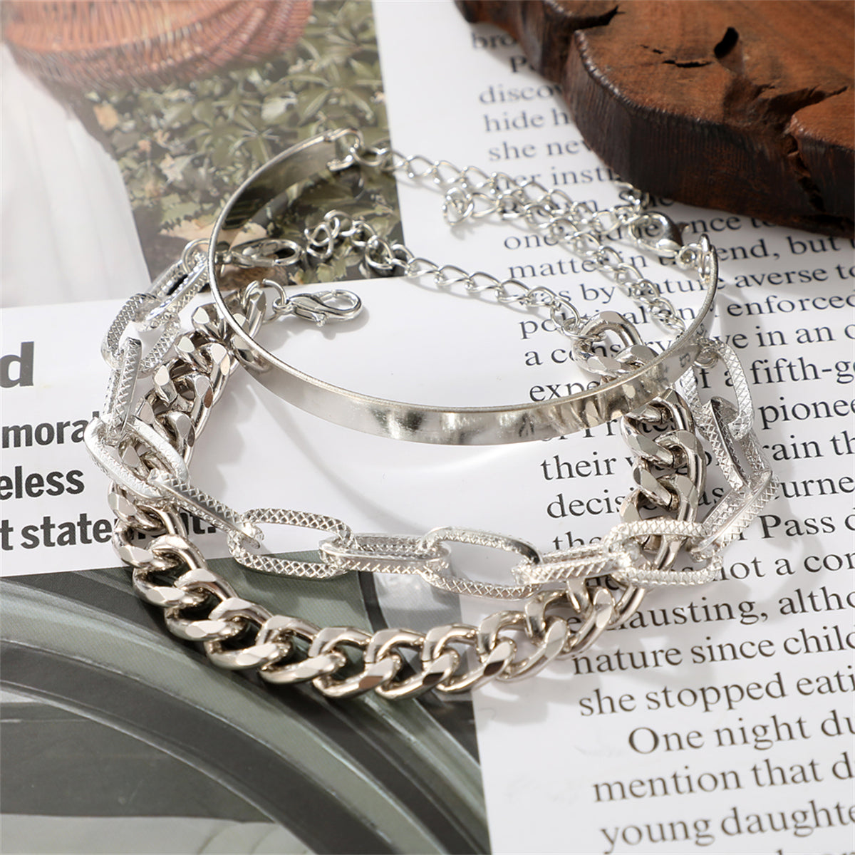 Silver-Plated Cable Chain Bracelet Set, jewelry gift sets for women, everyday style, front view