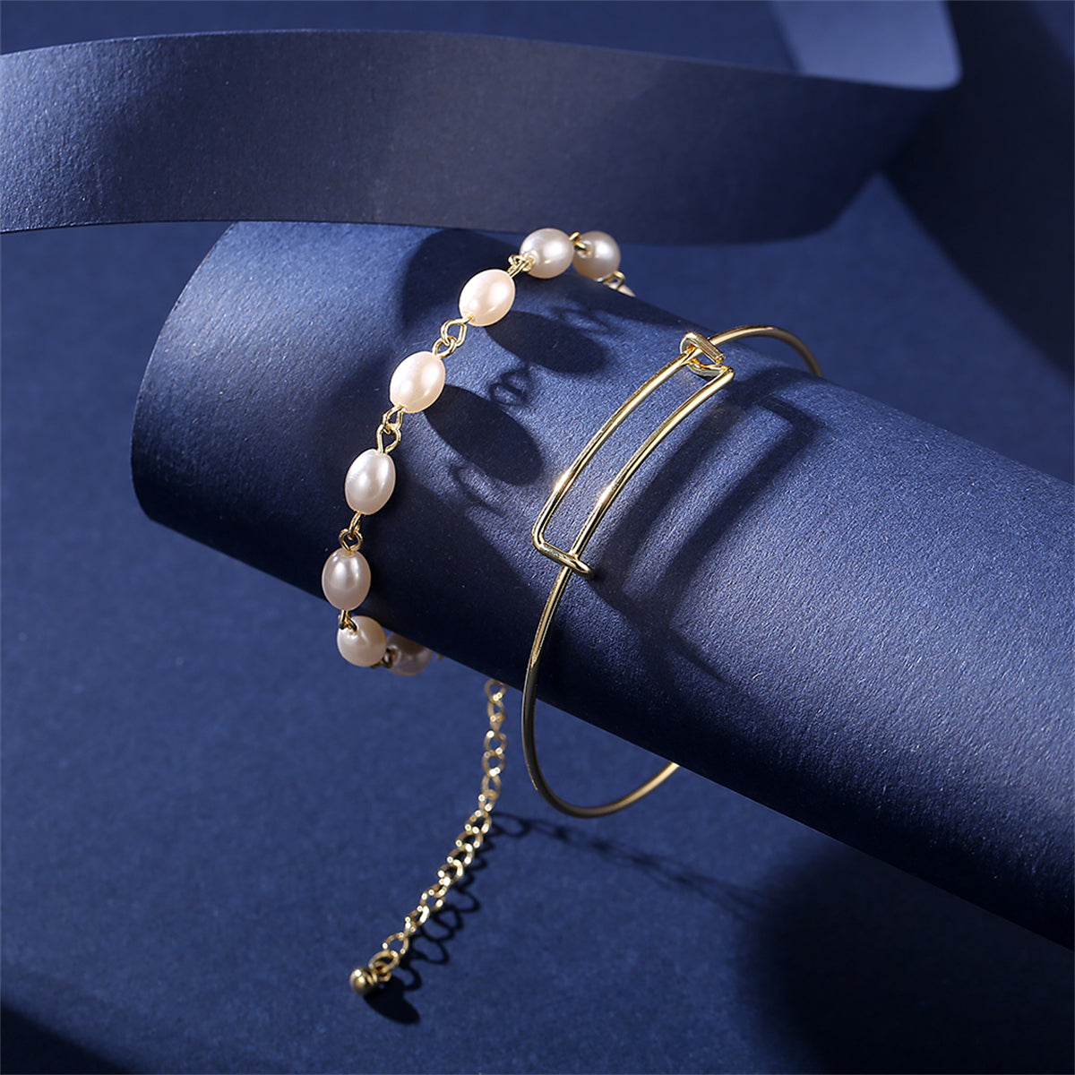 Pearl & 18K Gold-Plated Adjustable Bangle Set