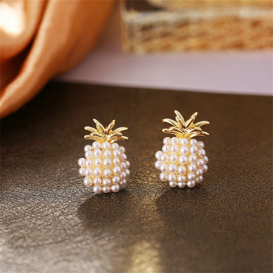 Pearl and 18K Gold-Plated Pineapple Stud Earrings, gold stud earrings for women, botanical inspired, front view
