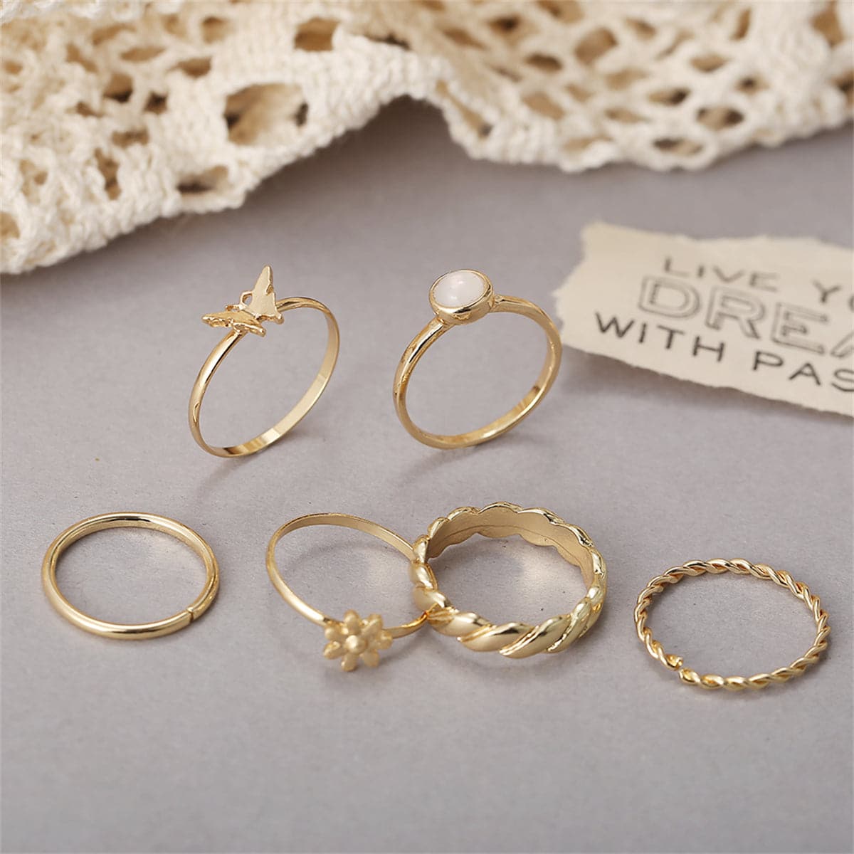 Resin and 18K Gold-Plated Butterfly Floral Ring Set, jewelry gift sets for women, vintage-inspired design, detail close-up