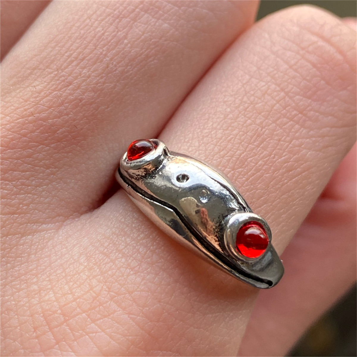 Red Cubic Zirconia and Silver-Plated Frog Adjustable Ring, silver statement rings for women, front view