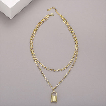 18K Gold-Plated Lock Layered Pendant Necklace