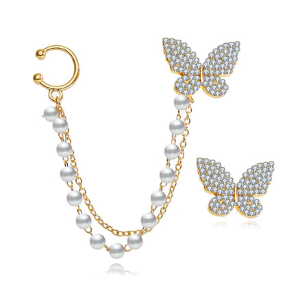 Cubic Zirconia and Pearl 18K Gold-Plated Butterfly Stud Earrings, gold stud earrings for women, front view