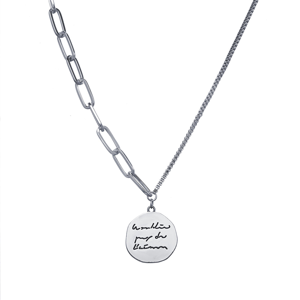 Silver-Plated Coin Pendant Necklace, silver pendant necklace for women, botanical inspired, side view