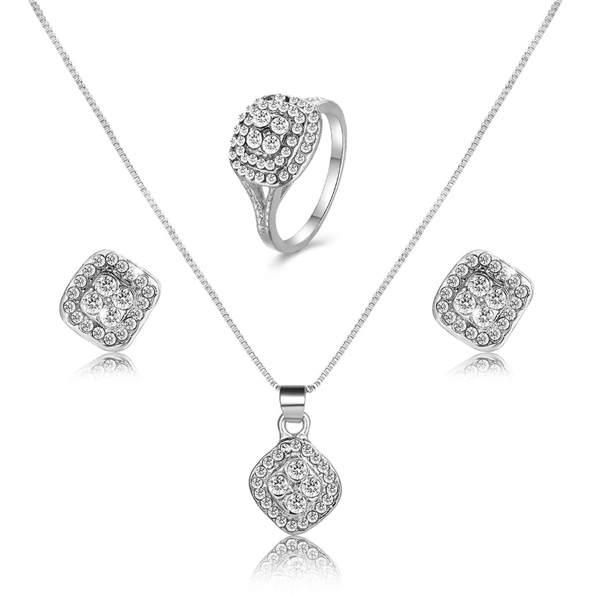 Cubic Zirconia and Silver-Plated Square Pendant Necklace Set, silver stud earrings for women, everyday style, front view