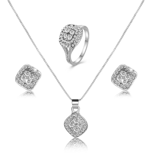 Cubic Zirconia and Silver-Plated Square Pendant Necklace Set, silver stud earrings for women, everyday style, front view