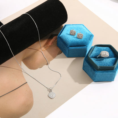 Cubic Zirconia and Silver-Plated Square Pendant Necklace Set, silver stud earrings for women, everyday style, side view