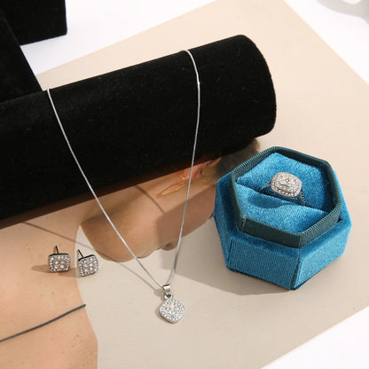 Cubic Zirconia and Silver-Plated Square Pendant Necklace Set, silver stud earrings for women, everyday style, detail close-up