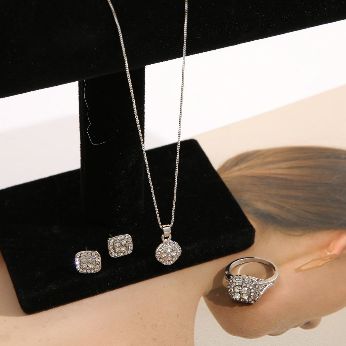 Cubic Zirconia and Silver-Plated Square Pendant Necklace Set, silver stud earrings for women, everyday style, lifestyle look