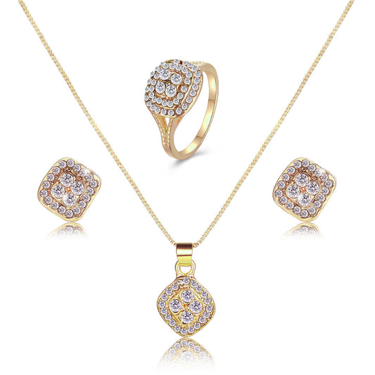 Cubic Zirconia and 18K Gold-Plated Square Pendant Necklace Set, gold stud earrings for women, front view