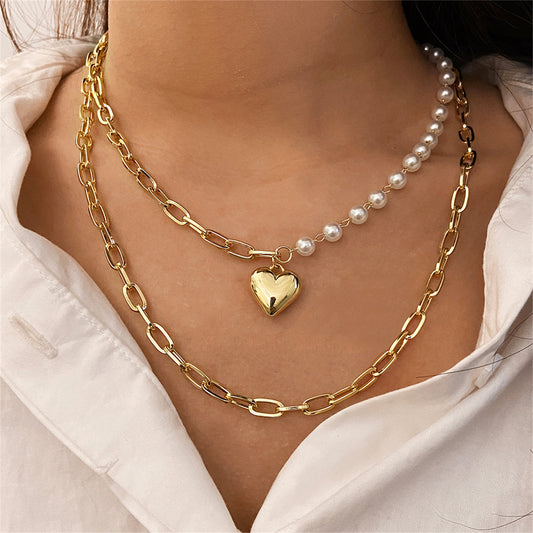 Pearl and 18K Gold-Plated Heart Layered Pendant Necklace, gold pendant necklace for women, front view