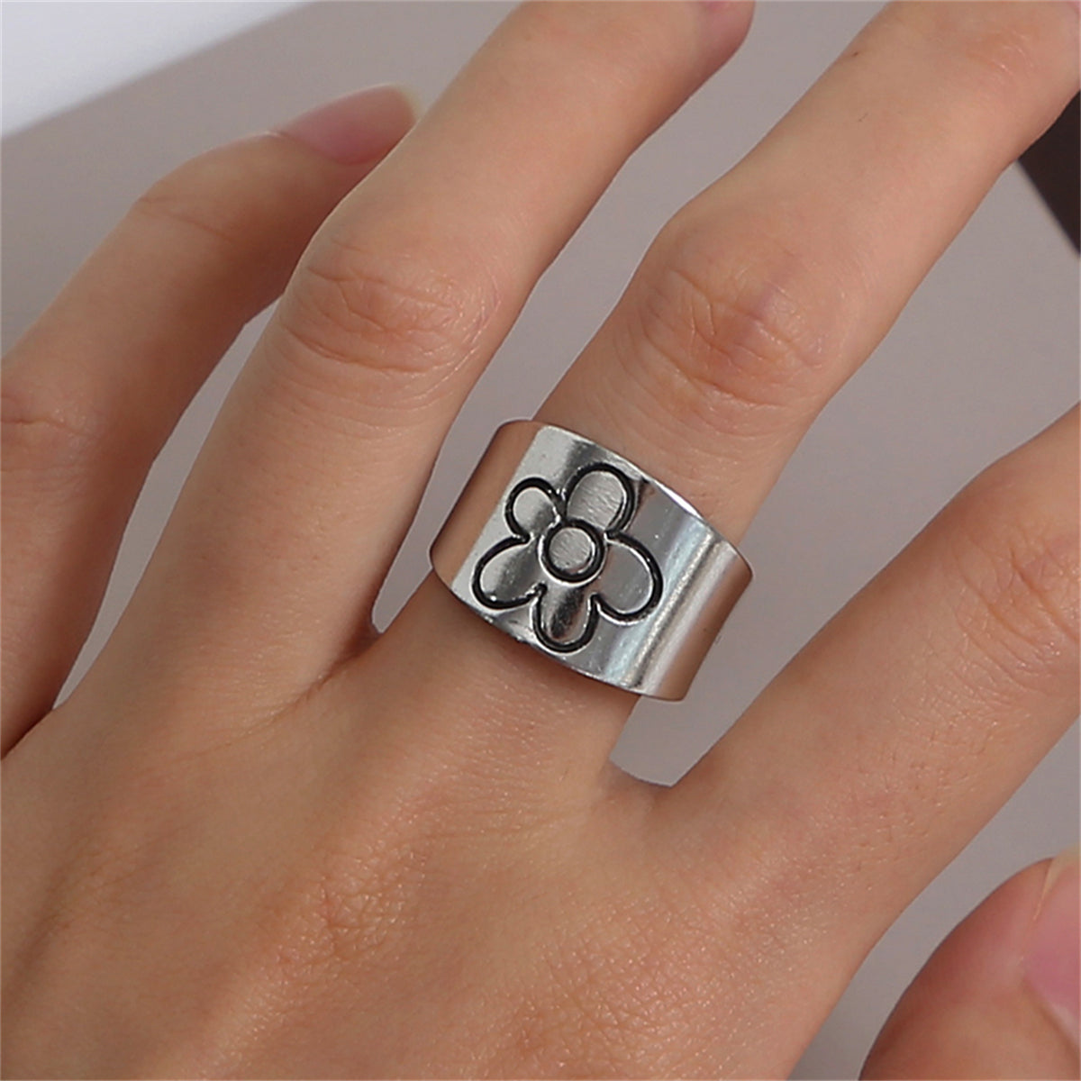 Silver-Plated Flower Open Band Ring, silver statement rings for women, dainty minimalist design, front view