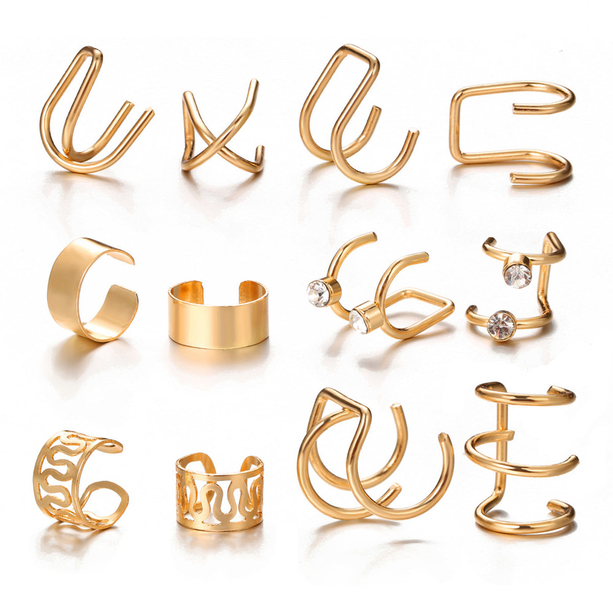 Cubic Zirconia and 18K Gold-Plated Layered Ear Cuff Set, gold stud earrings for women, elegant gift for her, front view