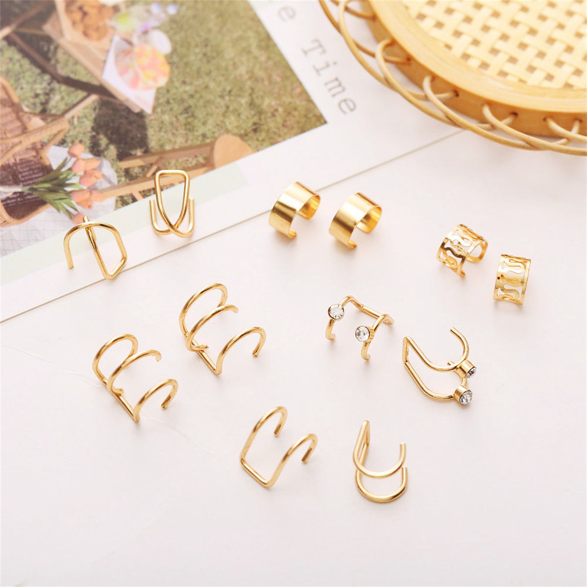 Cubic Zirconia and 18K Gold-Plated Layered Ear Cuff Set, gold stud earrings for women, elegant gift for her, detail close-up