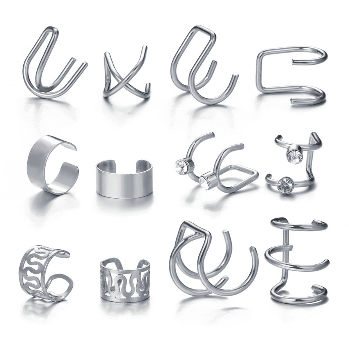 Cubic Zirconia and Silver-Plated Ear Cuff Set, silver stud earrings for women, dainty minimalist design, front view
