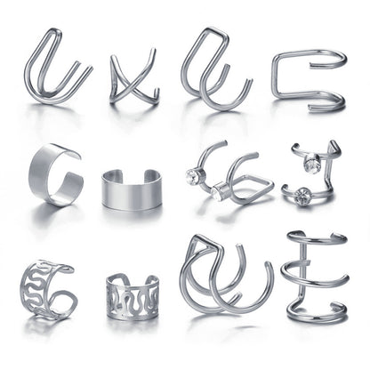 Cubic Zirconia and Silver-Plated Ear Cuff Set, silver stud earrings for women, dainty minimalist design, front view