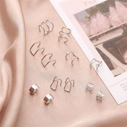 Cubic Zirconia and Silver-Plated Ear Cuff Set, silver stud earrings for women, dainty minimalist design, detail close-up