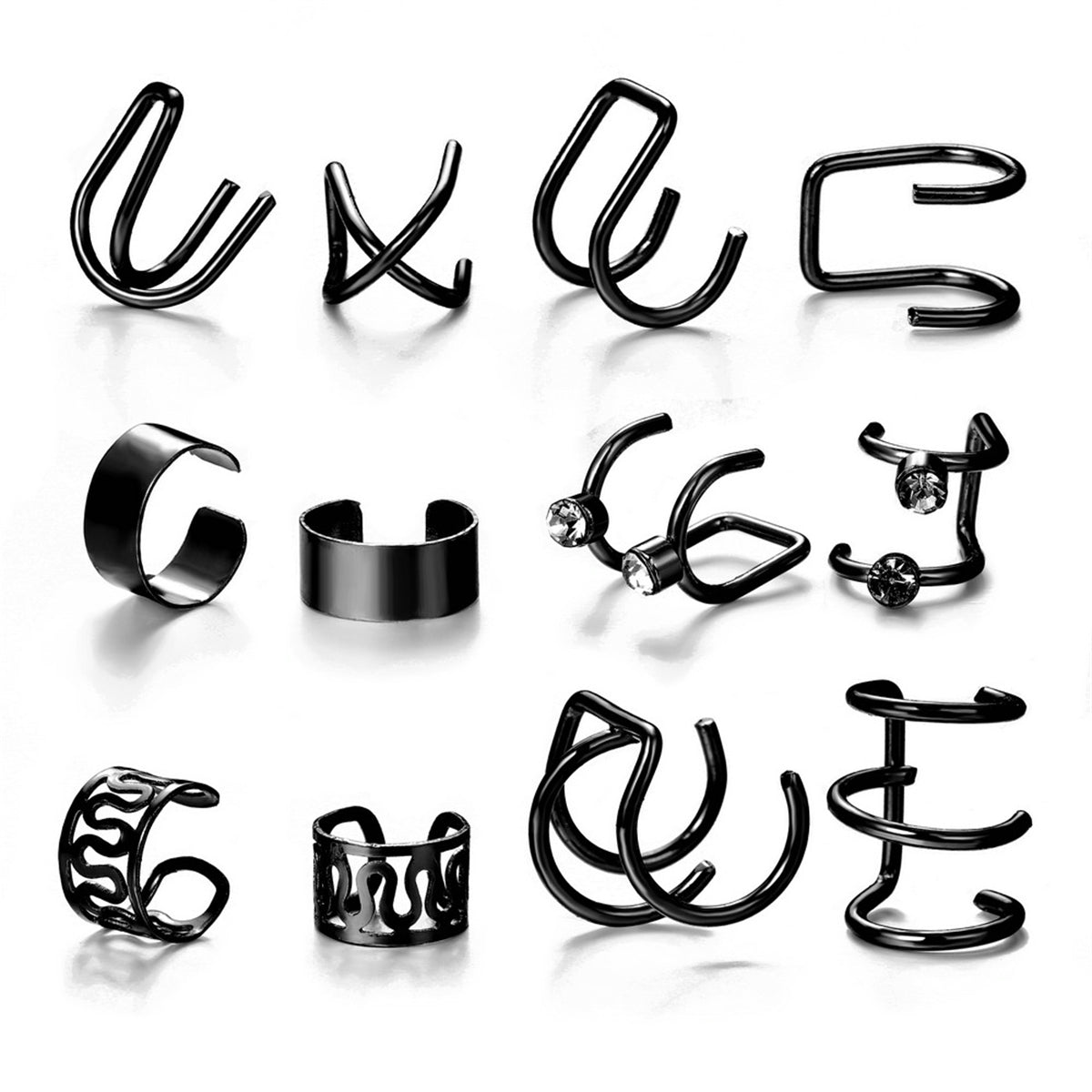 Cubic Zirconia and Black Ear Cuff Set, stud earrings for women, vintage-inspired design, side view