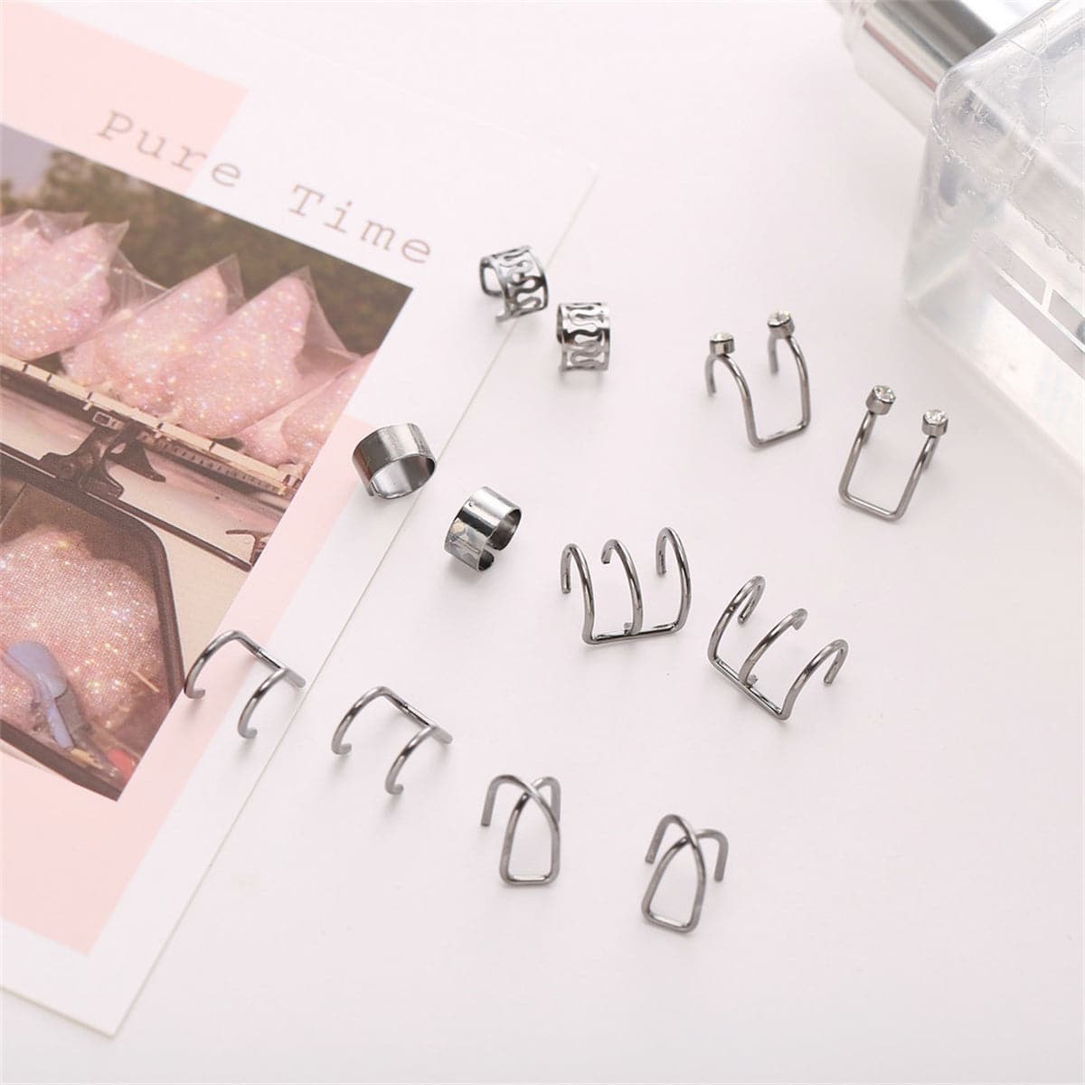Cubic Zirconia and Black Ear Cuff Set, stud earrings for women, vintage-inspired design, front view