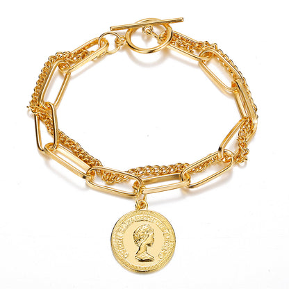 18K Gold-Plated Coin Layered Bracelet, gold bracelet for women, botanical inspired, side view