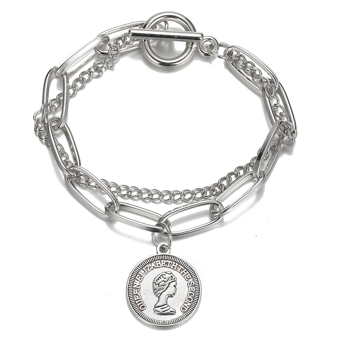 Silver-Plated Coin Layered Bracelet, silver bracelet for women, dainty minimalist design, front view