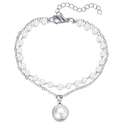 Pearl and Silver-Plated Layered Station Bracelet, silver bracelet for women, dainty minimalist design, side view
