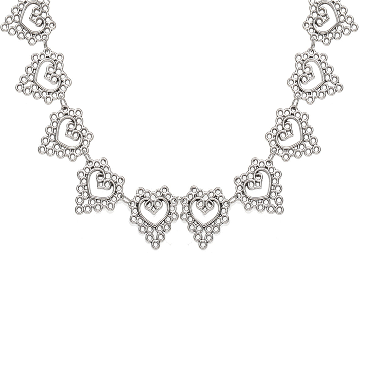 Silver-Plated Open Flower Heart Choker Necklace, silver pendant necklace for women, vintage-inspired design, front view