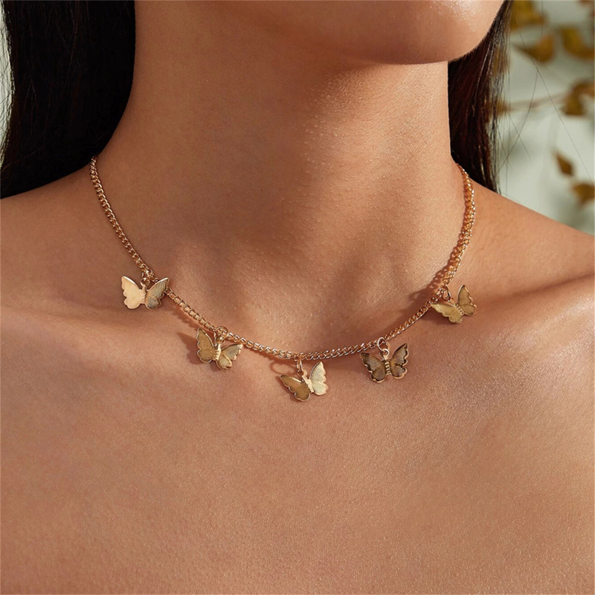18K Gold-Plated Butterfly Station Choker, gold pendant necklace for women, vintage-inspired design, front view