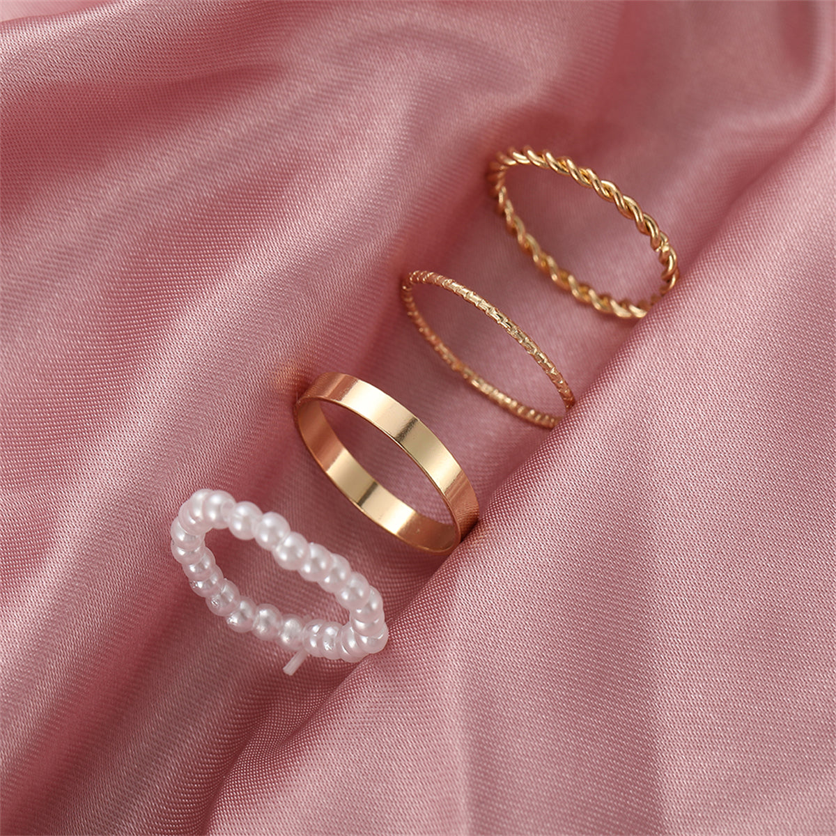 Pearl and 18K Gold-Plated Band Ring Set, jewelry gift sets for women, botanical inspired, detail close-up