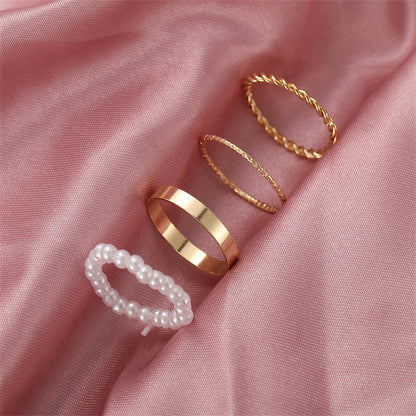 Pearl and 18K Gold-Plated Band Ring Set, jewelry gift sets for women, botanical inspired, detail close-up