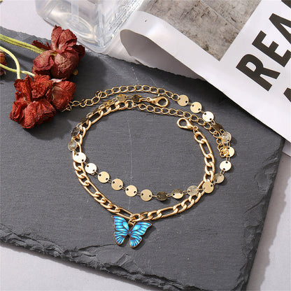 Enamel and 18K Gold-Plated Butterfly Anklet Set, jewelry gift sets for women, botanical inspired, front view