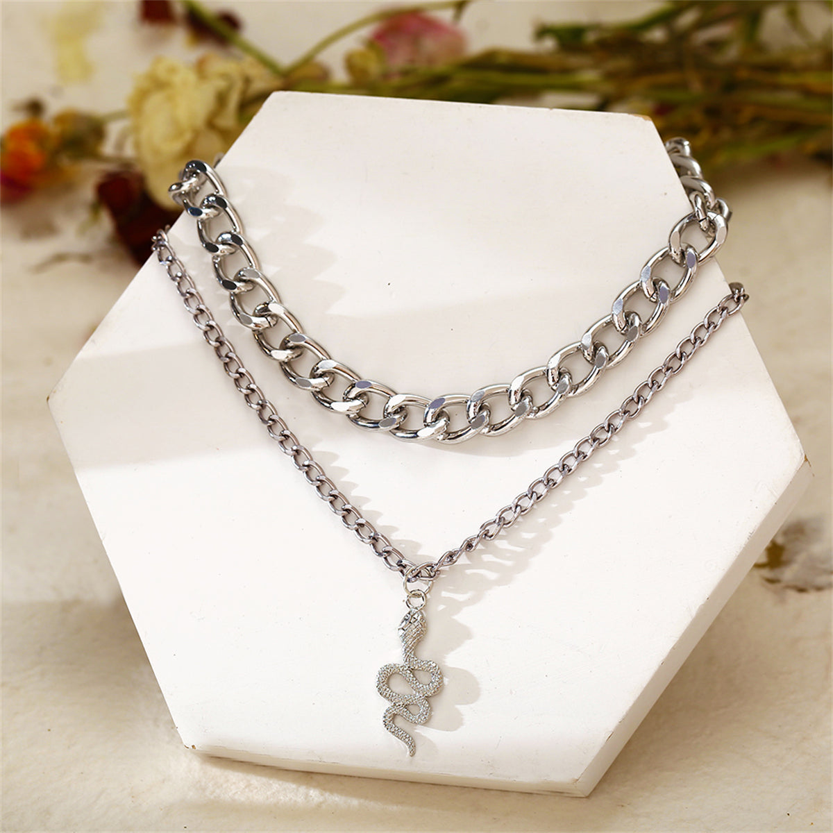 Silver-Plated Figaro Chain Snake Layered Pendant Necklace, silver pendant necklace for women, detail close-up