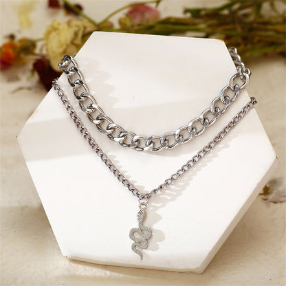 Silver-Plated Figaro Chain Snake Layered Pendant Necklace, silver pendant necklace for women, detail close-up