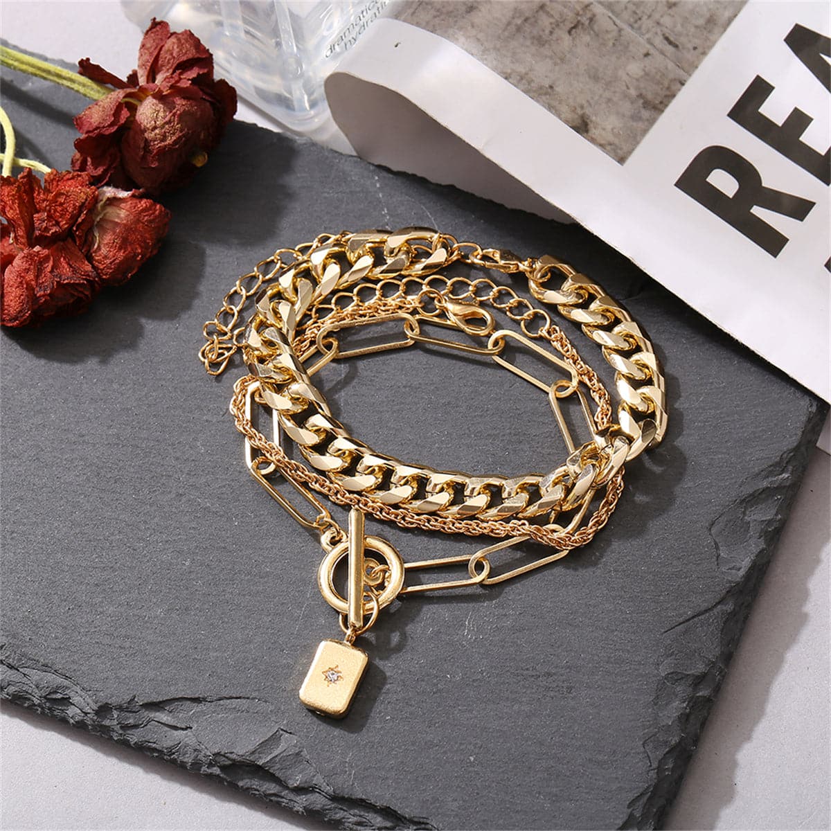 Cubic Zirconia and 18K Gold-Plated Cable Chain Toggle Bracelet Set, jewelry gift sets for women, front view