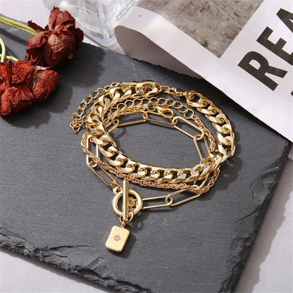 Cubic Zirconia and 18K Gold-Plated Cable Chain Toggle Bracelet Set, jewelry gift sets for women, front view