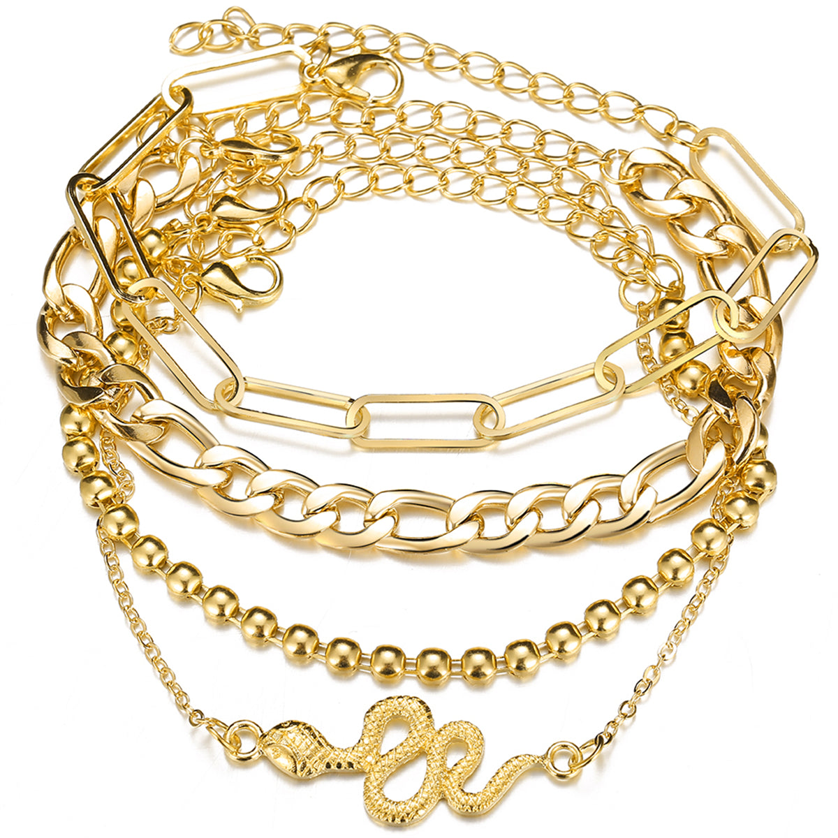 18K Gold-Plated Cable Chain Snake Anklet Set, jewelry gift sets for women, everyday style, front view