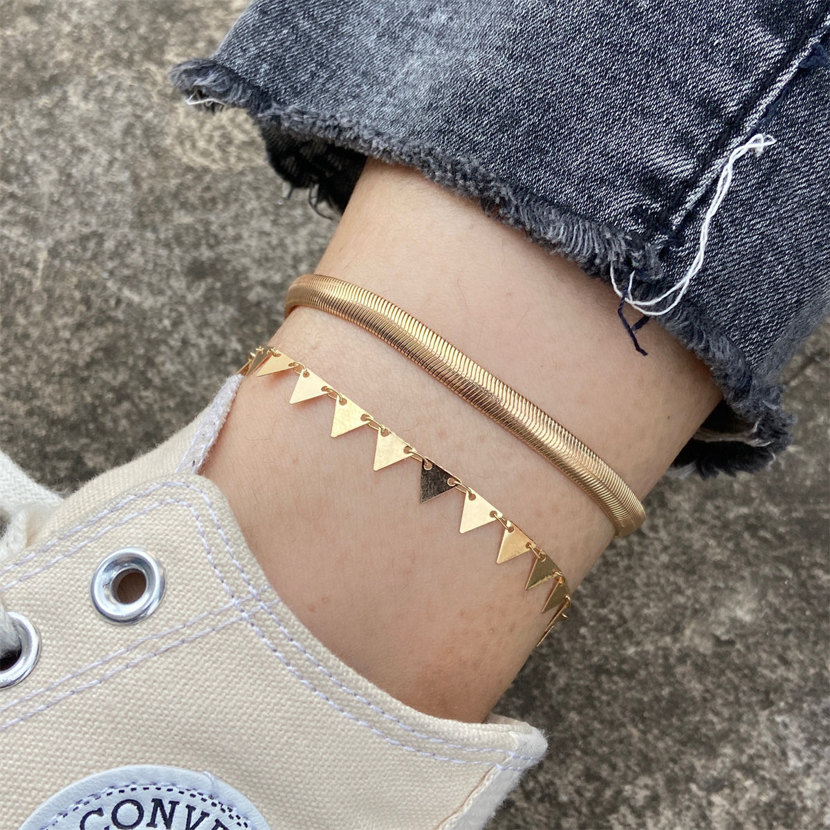 18K Gold-Plated Snake Chain and Triangle Station Anklet Set, jewelry gift sets for women, everyday style, front view