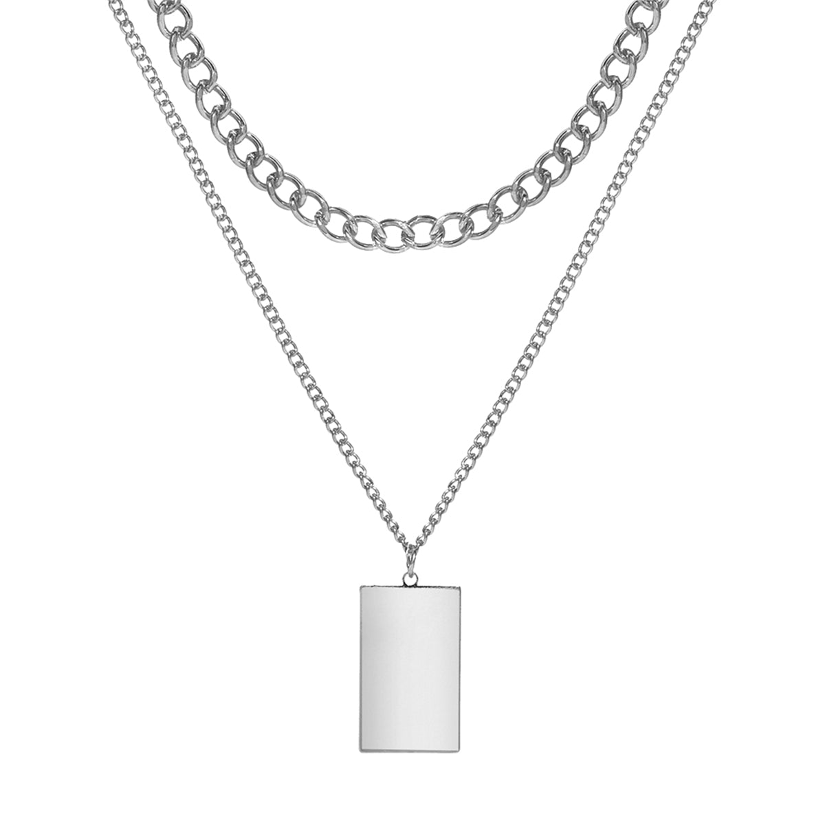 Silver-Plated Rectangle Layered Pendant Necklace, silver pendant necklace for women, everyday style, side view
