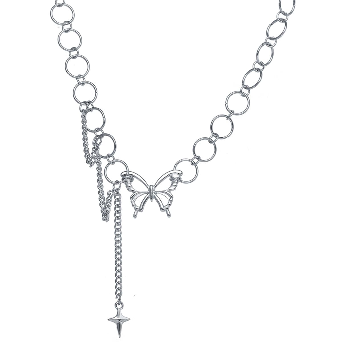 Silver-Plated Butterfly and Cross Pendant Choker, silver pendant necklace for women, everyday style, front view