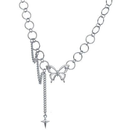 Silver-Plated Butterfly and Cross Pendant Choker, silver pendant necklace for women, everyday style, front view