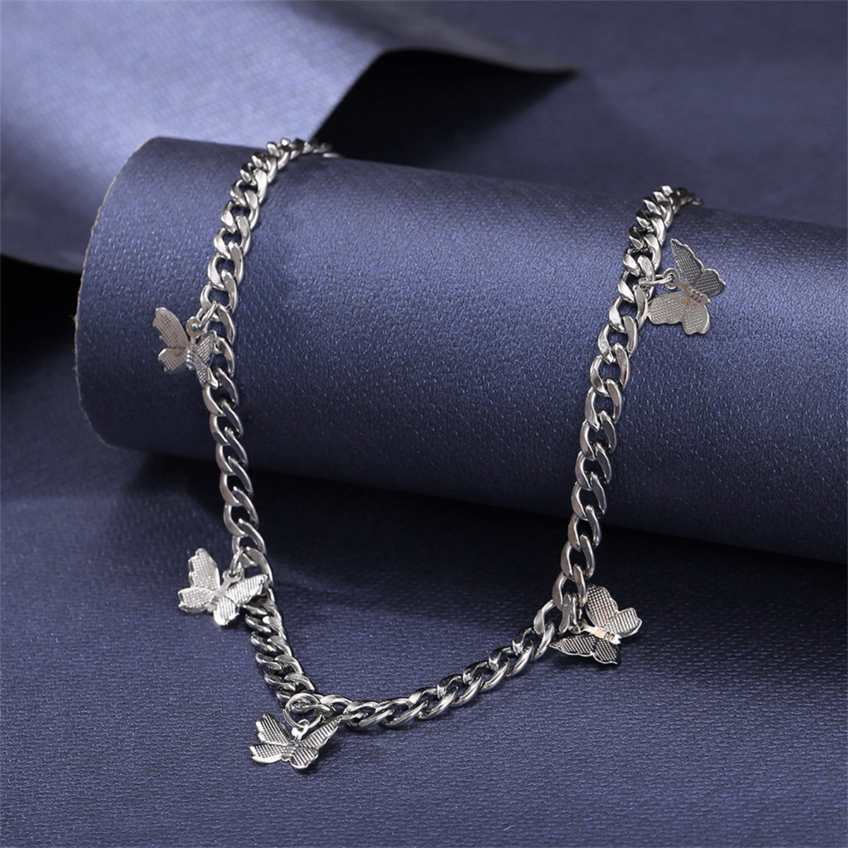 Silver-Plated Curb Chain Butterfly Station Choker Necklace, silver pendant necklace for women, front view