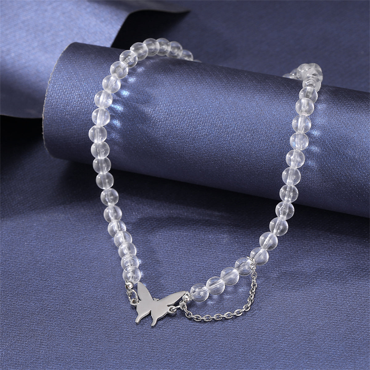Acrylic and Silver-Plated Chain-Accent Butterfly Beaded Choker Necklace, silver pendant necklace for women, front view