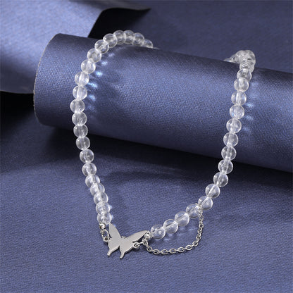 Acrylic and Silver-Plated Chain-Accent Butterfly Beaded Choker Necklace, silver pendant necklace for women, front view