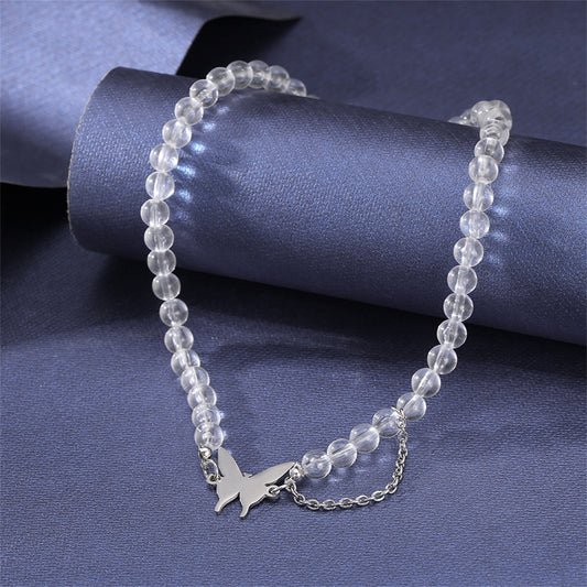 Acrylic and Silver-Plated Chain-Accent Butterfly Beaded Choker Necklace, silver pendant necklace for women, front view