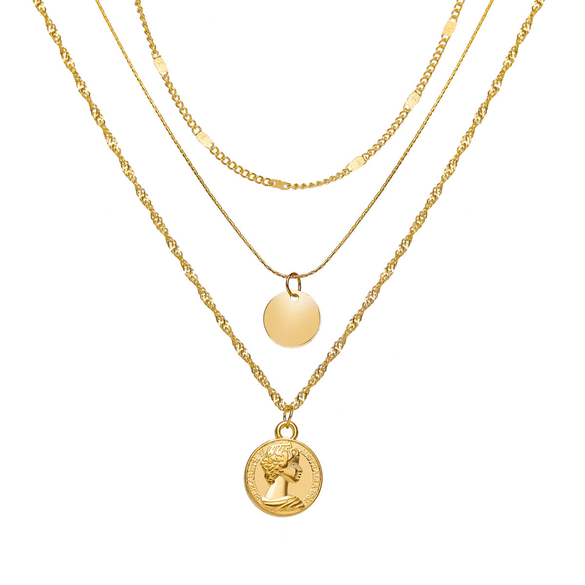 18K Gold-Plated Sequin Coin Pendant Layered Necklace, gold pendant necklace for women, elegant gift for her, front view