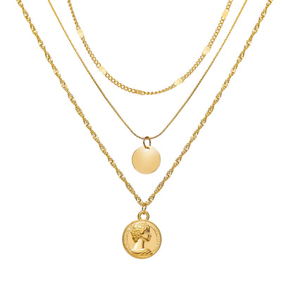 18K Gold-Plated Sequin Coin Pendant Layered Necklace, gold pendant necklace for women, elegant gift for her, front view