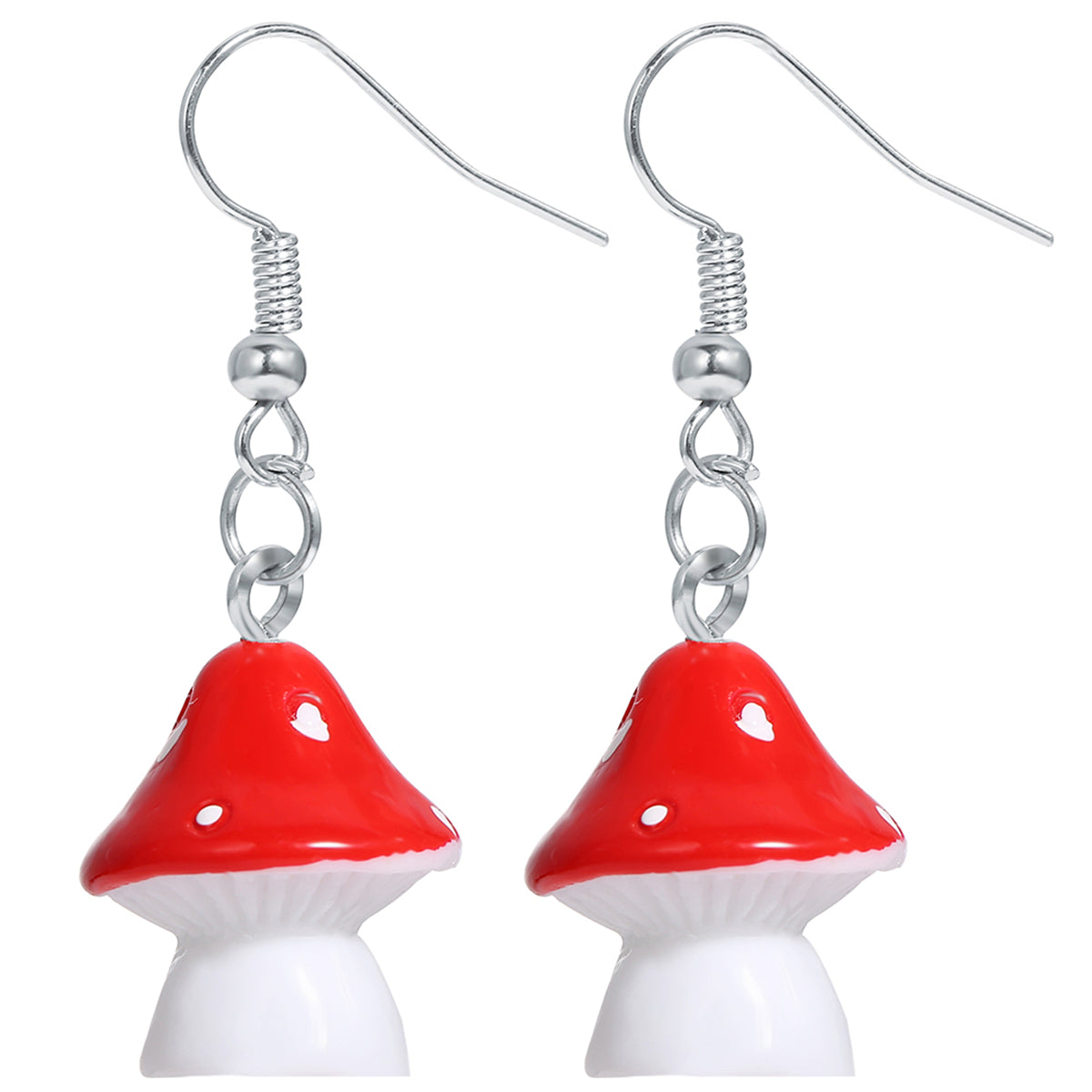 Red Resin and Silver-Plated Dot Mushroom Drop Earrings, silver drop earrings for women, everyday style, detail close-up