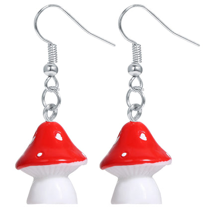 Red Resin and Silver-Plated Dot Mushroom Drop Earrings, silver drop earrings for women, everyday style, detail close-up